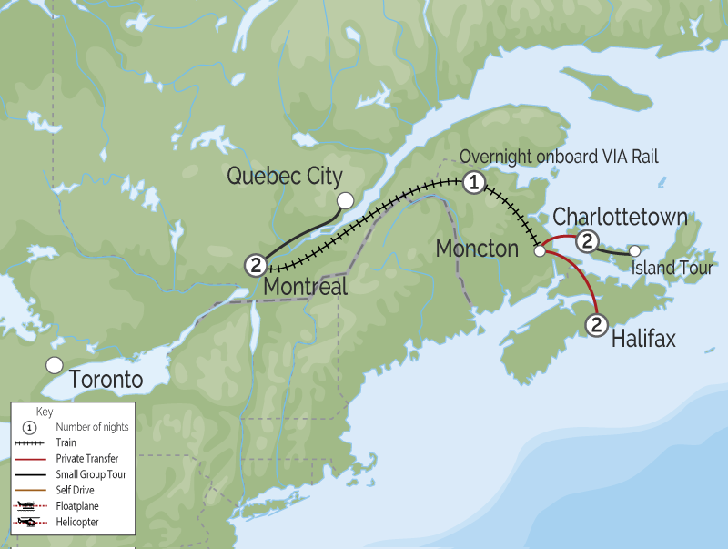 Atlantic Maritimes Explorer by Rail Halifax to Montreal map