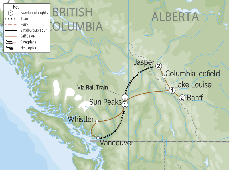  Canadian Rockies Road and Rail Retreat map