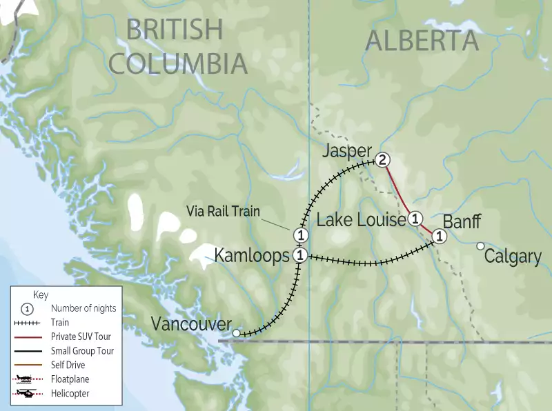 Canadian Rockies Train Tour Grand Circle map