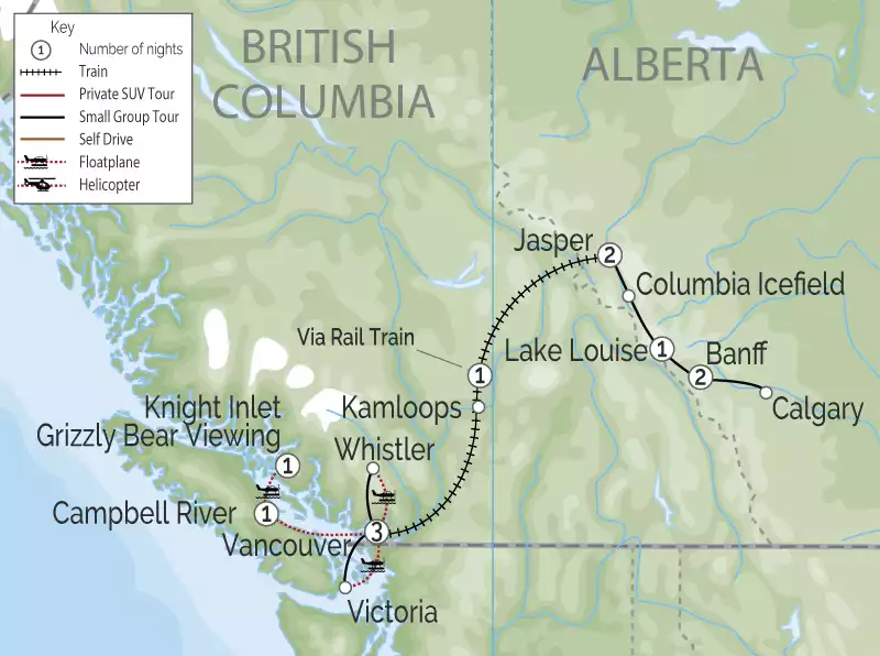 Grizzly Bears & the Canadian Rockies Rail Vacation map
