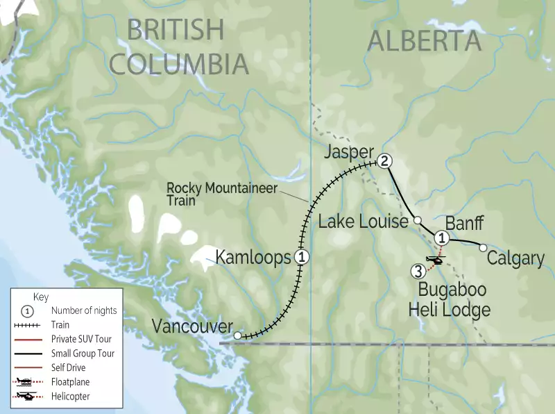 Journey Through the Clouds Rail & Heli Adventure | Rocky Mountaineer map
