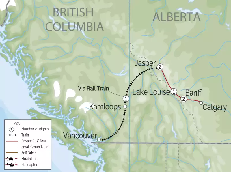 Luxury Winter Rail Trip to the Canadian Rockies map