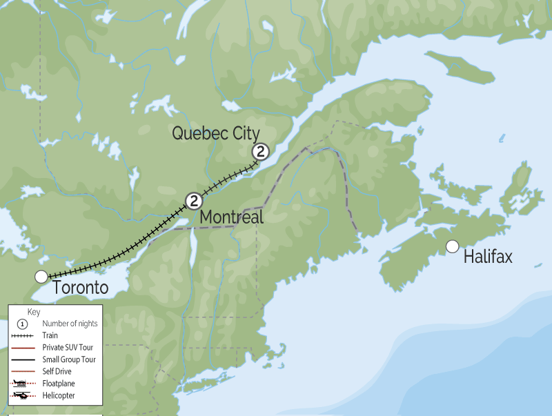 Montreal and Quebec Cities by Rail Splendors of Eastern Canada map
