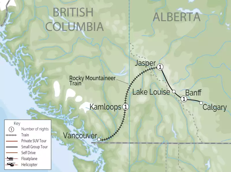 Spectacular West Train to the Canadian Rockies | Rocky Mountaineer map