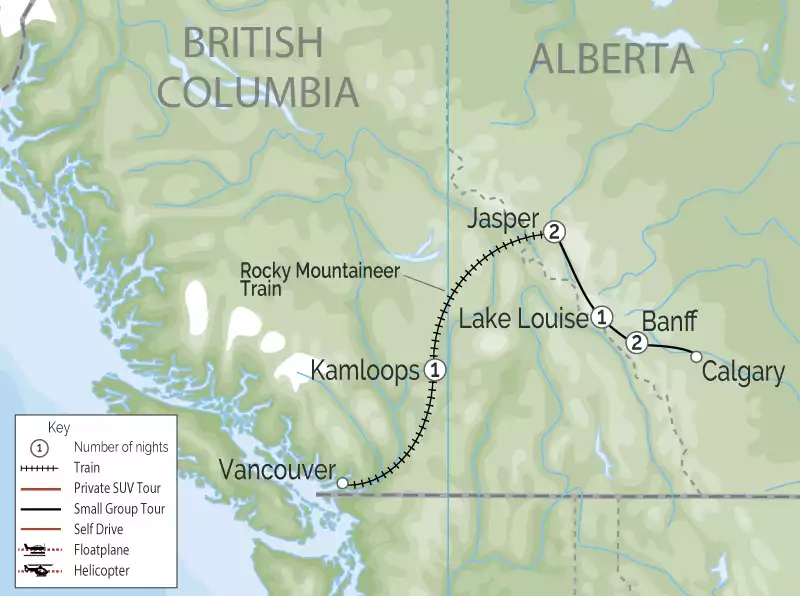 Western Canada Highlights Train Tour | Rocky Mountaineer Train map