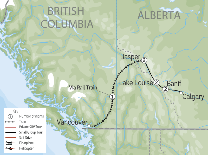 Canadian Rockies Winter Rail Trips  map